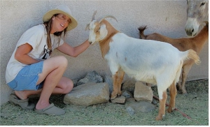 Jana posing with goats and a donkey.