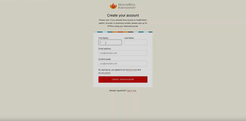 Screengrab of HealthWell Foundation's "create your account" online form.