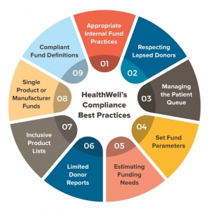 Colorful pie chart showing 9 of HealthWell Foundation's Compliance Best Practices.