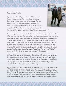 Letter written by Rachel with photo of her and HealthWell recipient Bob at Seattle's Pike Place Market.