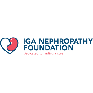 IGA Nephropathy Foundation logo with pink kidney icon in a heart outline and tagline "dedicated to finding a cure."