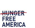 Hunger Free America logo with navy text and red slash through the word "hunger."