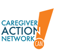 Caregiver Action Network logo with blue text and an orange exclamation point with acronym "CAN" in the dot.