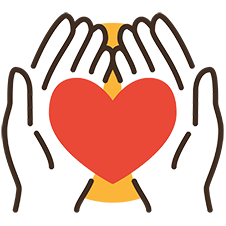 Illustration of two hands holding a red heart symbol.