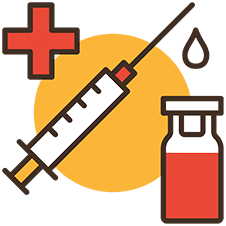 Red and orange illustration of a syringe, vial, and medical cross.