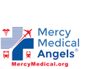 Mercy Medical Angels logo with blue text and medical cross and red icons of a plane, bus, train, and caduceus.