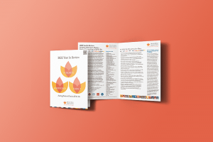 HealthWell Foundation 2022 Year In Review cover and interior spread on a peach background.