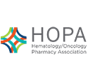 Hematology/Oncology Pharmacy Association logo with colorful interlocking square design to the left of gray text.