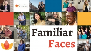 HealthWell Foundation Familiar Faces video thumbnail with several photos of grant recipients and their families.