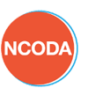 NCODA logo with white text on an orange circle half-outlined in blue.