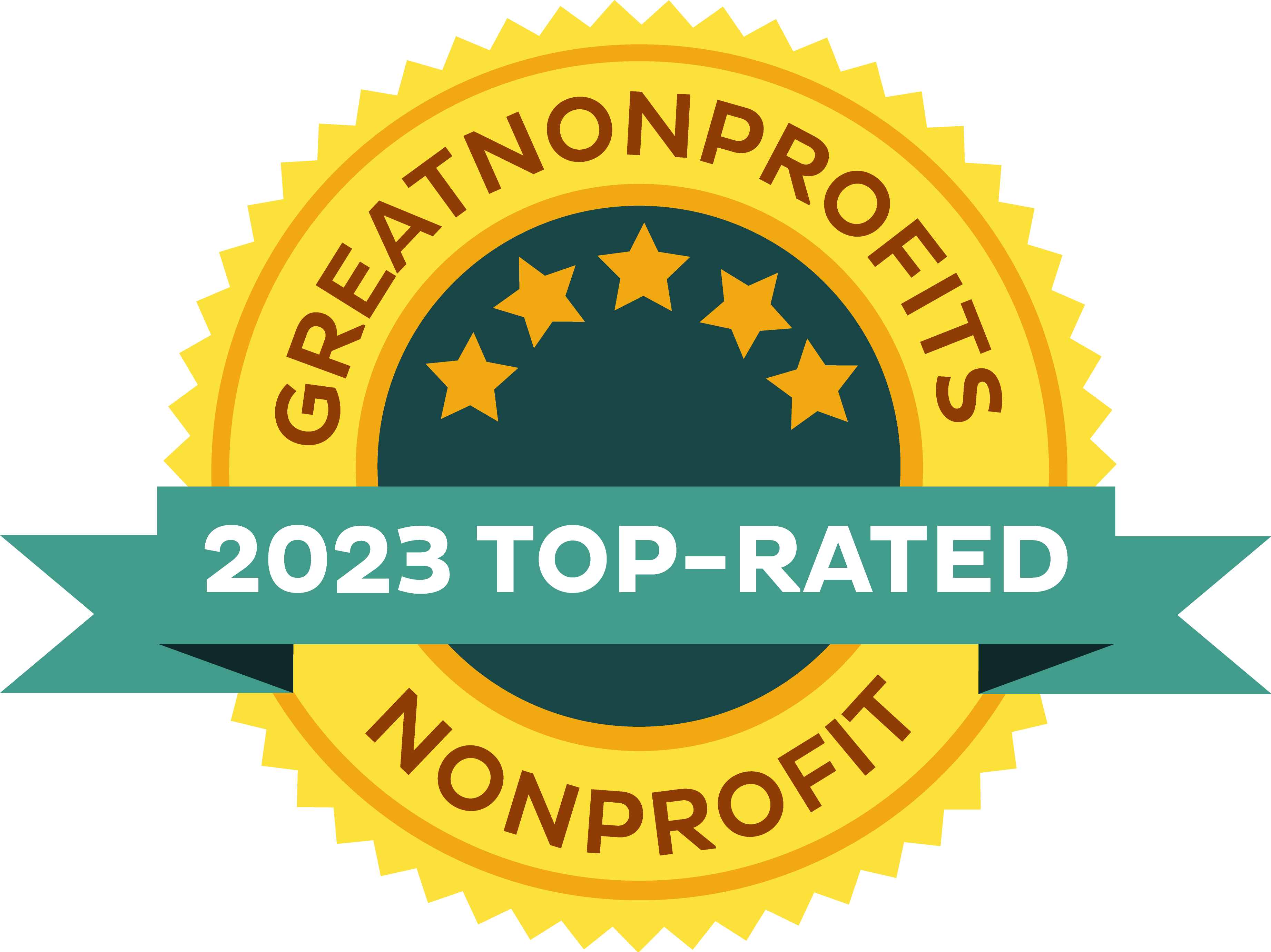 Great Nonprofits 2023 Top-Rated badge in yellow and green.