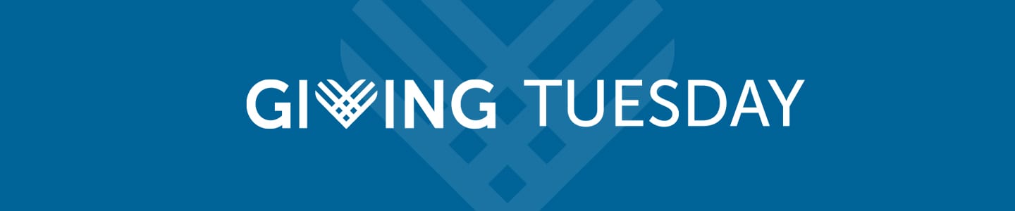 Giving Tuesday logo with white capital text on a blue background with heart icon as the "V."