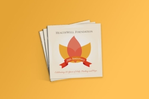 Three stacked HealthWell Foundation 20th Anniversary books on an orange background.