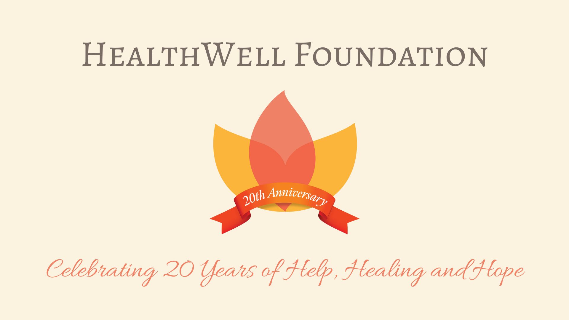 HealthWell Foundation 20th anniversary banner with their logo and text "celebrating 20 years of help, healing and hope."