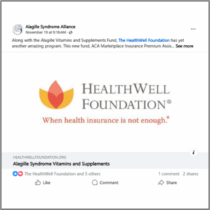 Screenshot of a Facebook post by the Alagille Syndrome Alliance highlighting the HealthWell Foundation’s Alagille Syndrome Vitamins and Supplements Fund, with the HealthWell Foundation logo and tagline.