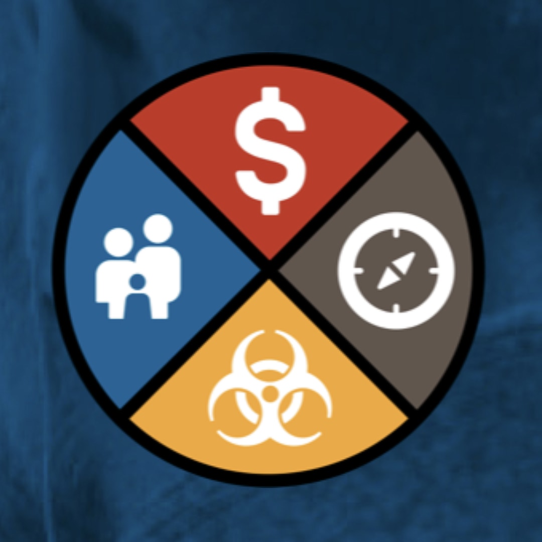 Circular icon for Financial Toxicity Webinar showing icons of people, money, a compass, and a hazmat icon.